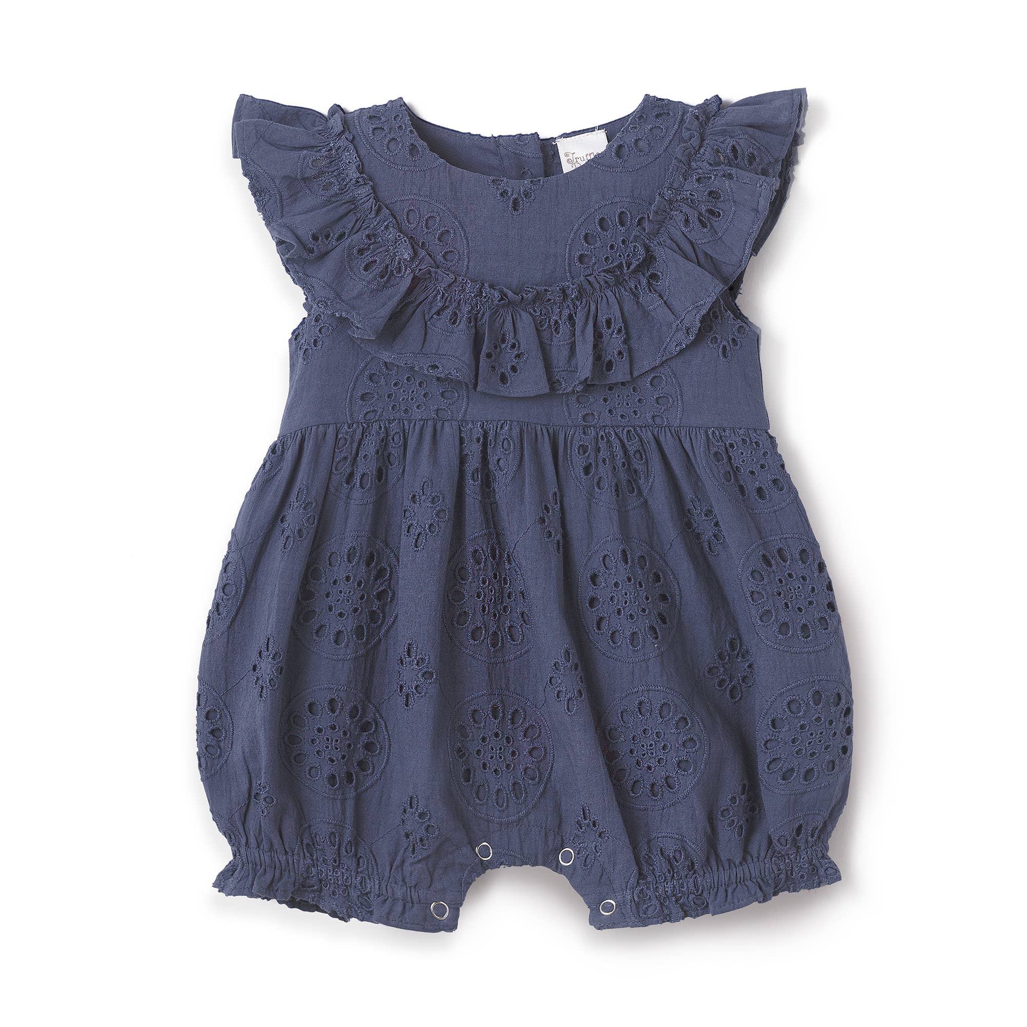 Baby Eyelet Romper Blue Cotton Ruffle One-Piece for Girls: 12-18M