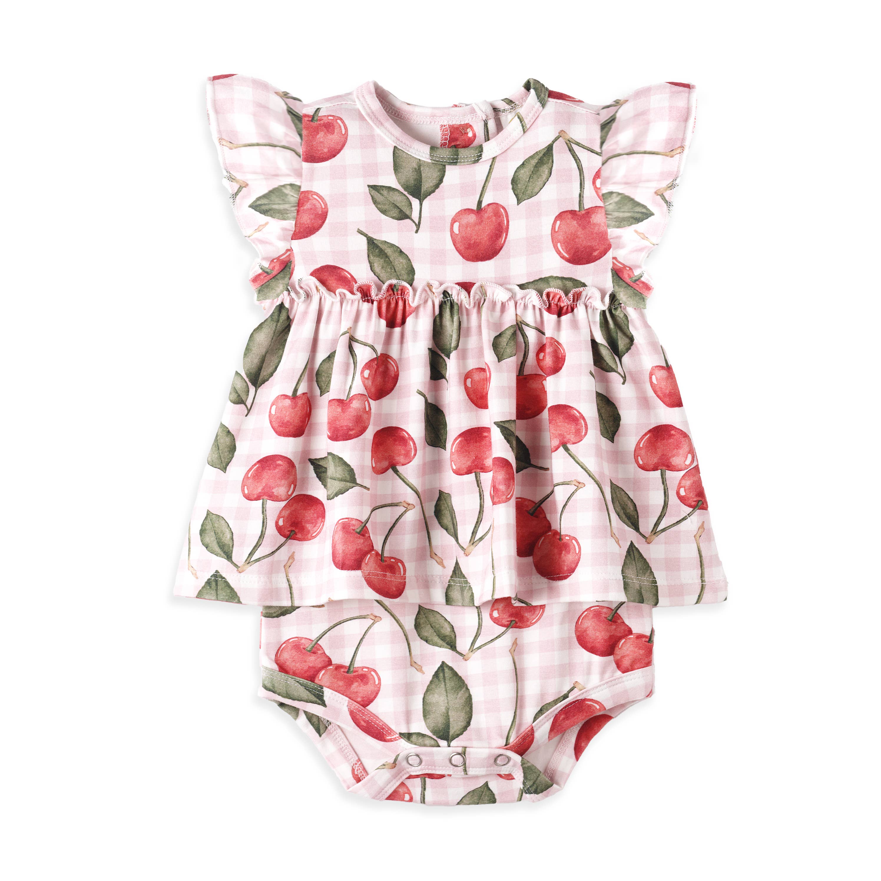 Cherry Picnic Flutter Sleeve Bamboo Skirted Bodysuit: 9-12M