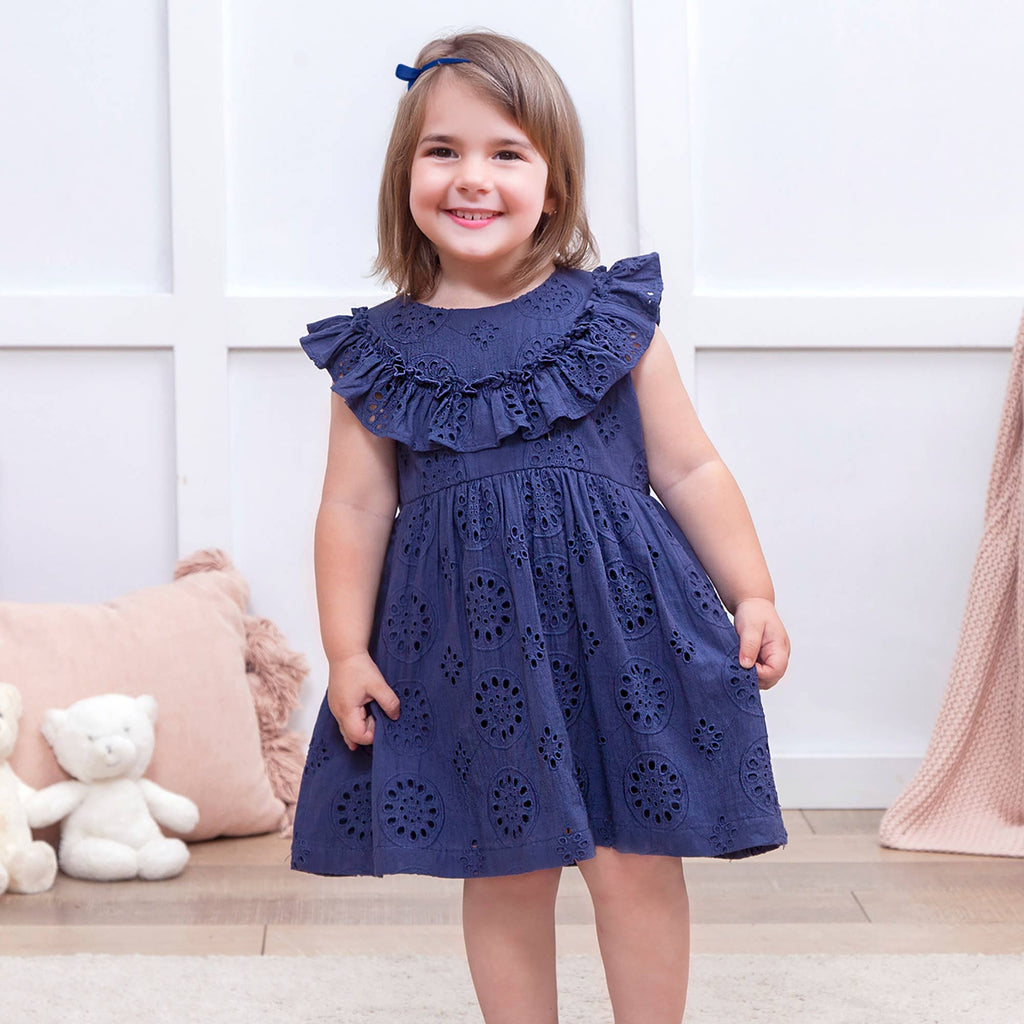 Girls' Eyelet Ruffle Dress - Cotton Blue Embroidered: 12-18M