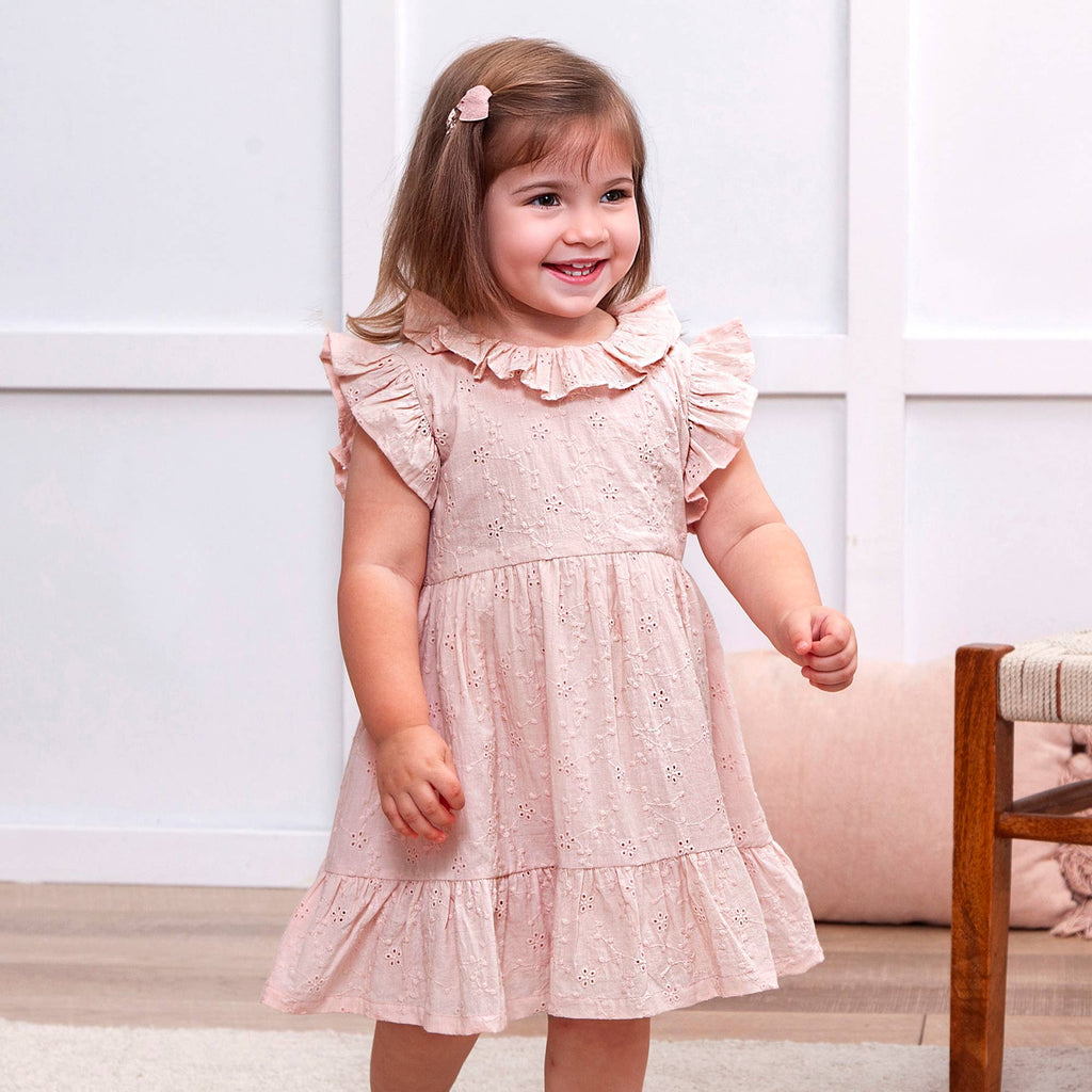 Eyelet Girl's Cotton Dress for Special Occasions - Pink: 12-18M