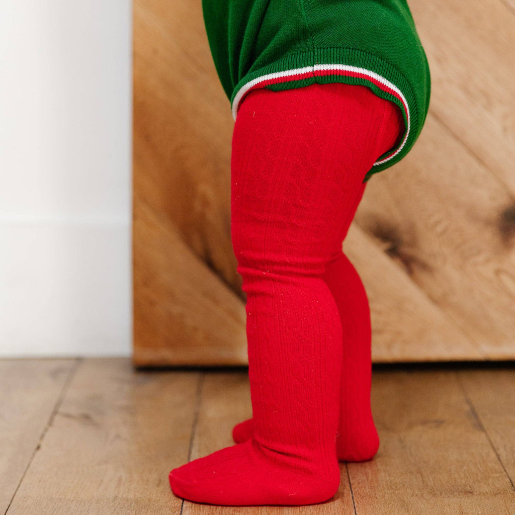 Bright Red Cable Knit Tights: 5-6 YEARS