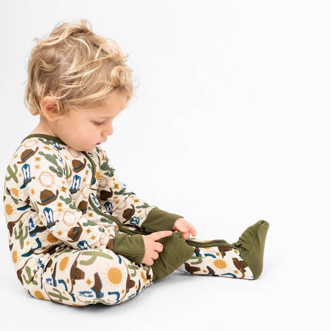 Howdy Western Bamboo Convertible Baby Pajamas: Beige/Multi / 3-6M