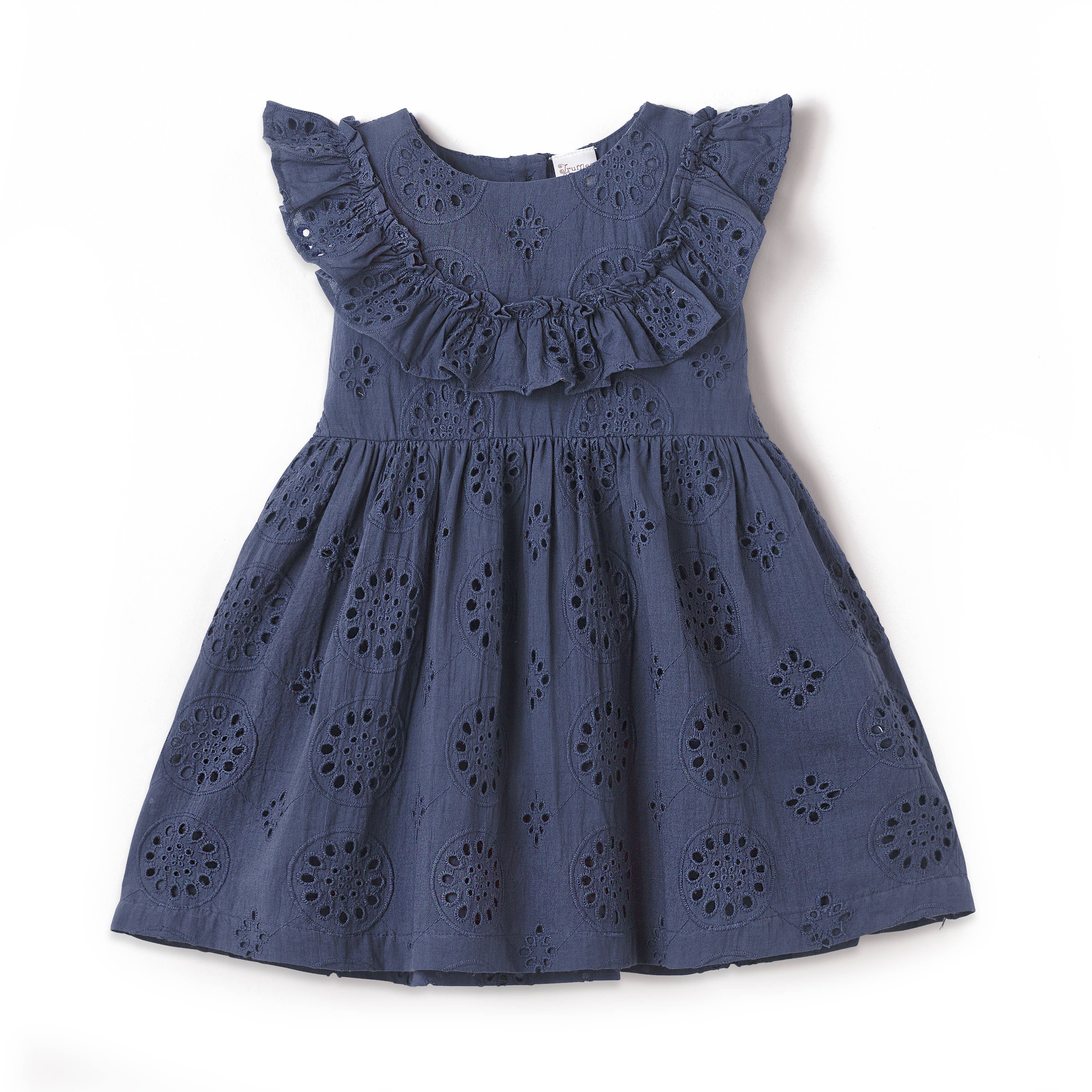 Girls' Eyelet Ruffle Dress - Cotton Blue Embroidered: 2T