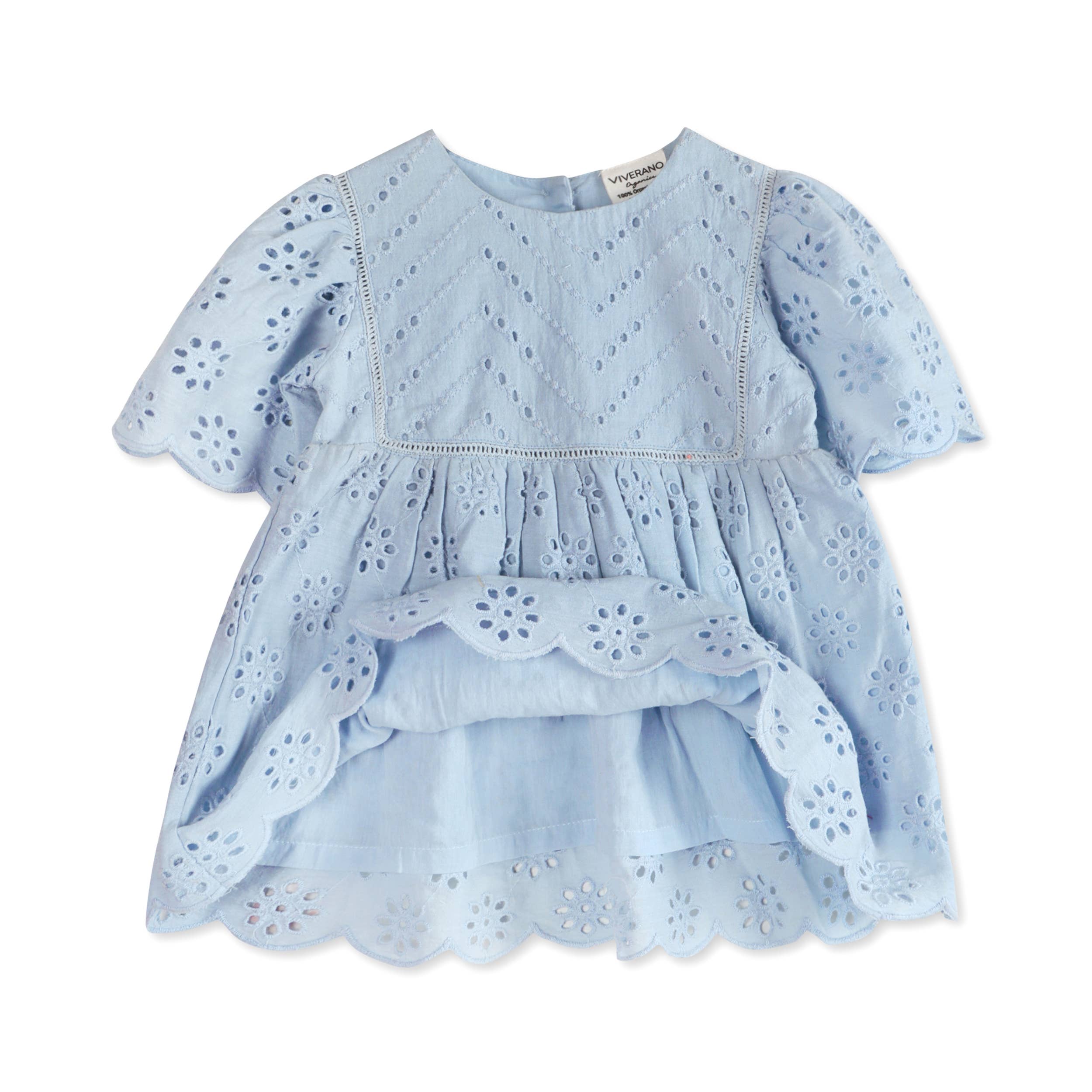 Milos Schiffli Baby Dress + Bloomer (Organic): Powdered Blue / 3-4T