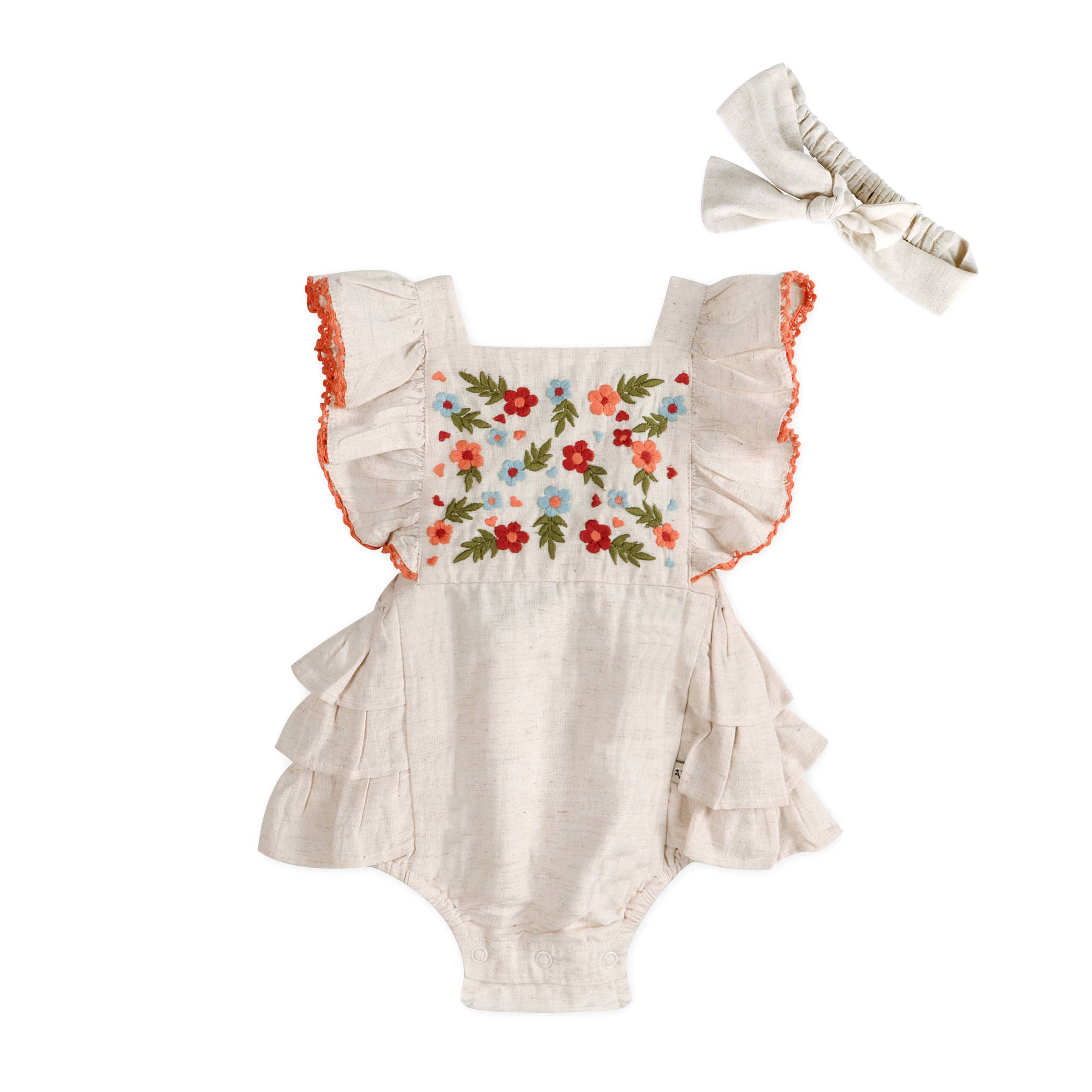 Anya Embroidered Baby Romper + Headband (Linen): Linen / 0-3M