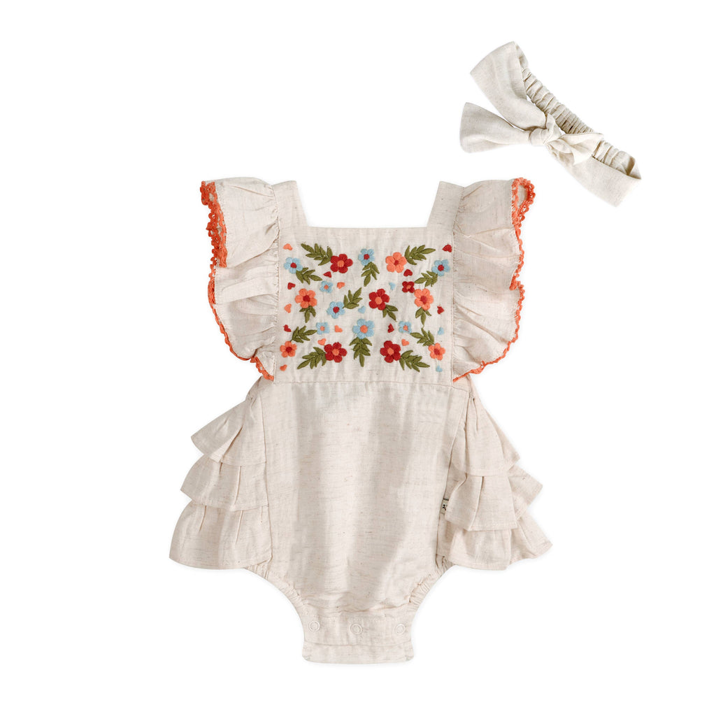 Anya Embroidered Baby Romper + Headband (Linen): Linen / 6-12M