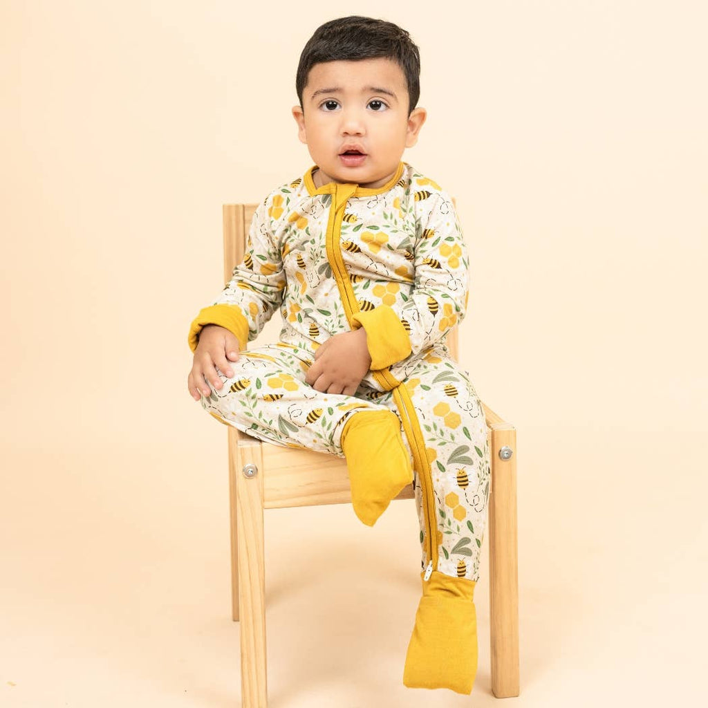 Happy Honey Bees Bamboo Convertible Baby Pajamas: Yellow/Multi / 6-12M