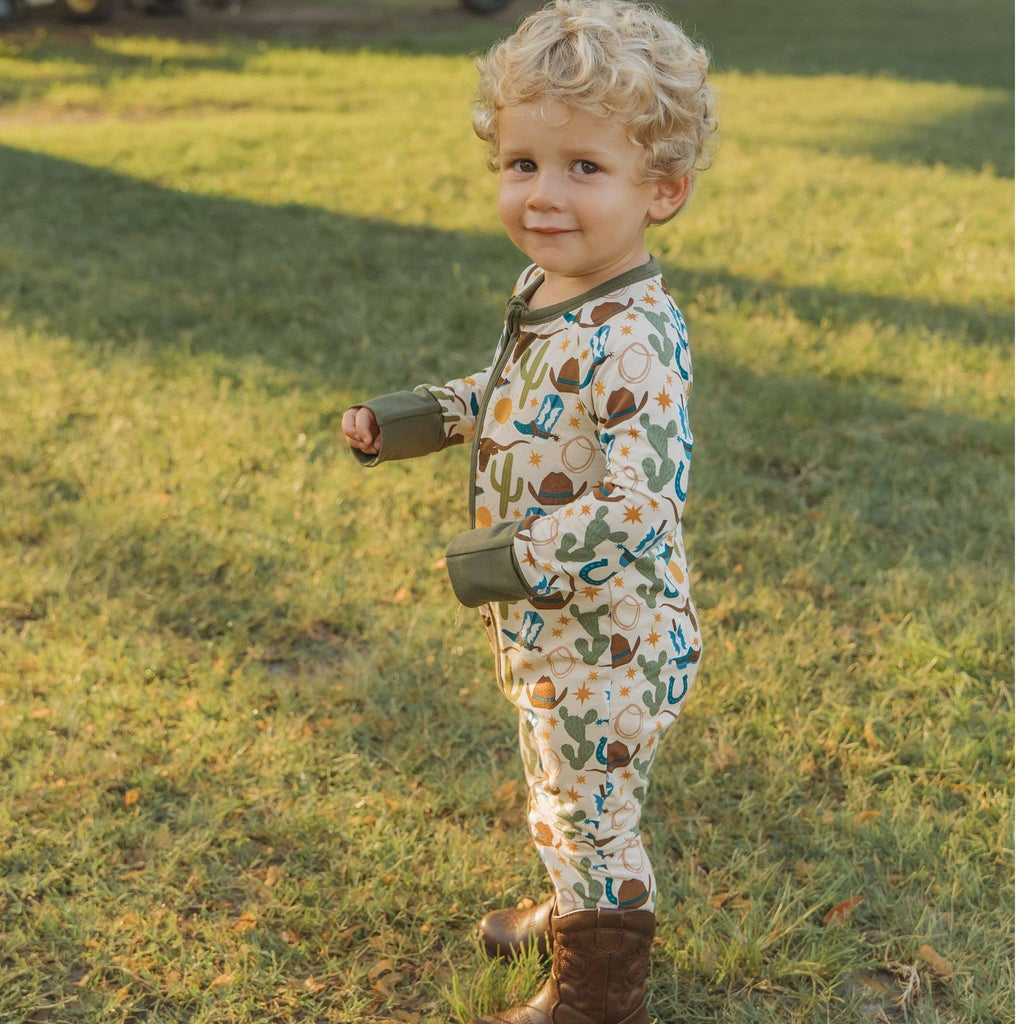 Howdy Western Bamboo Convertible Baby Pajamas: Beige/Multi / 3-6M