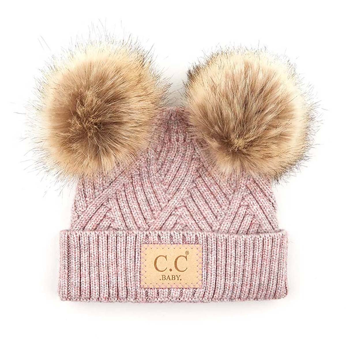 CC Baby Double Pom Criss-Cross Kids Beanie BABY-2060POMPOM: Beige