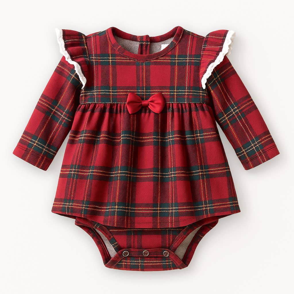 Christmas Bamboo Baby Skirted Bodysuit – Red Tartan Plaid: 0-3M