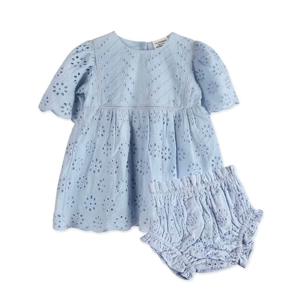 Milos Schiffli Baby Dress + Bloomer (Organic): Powdered Blue / 12-18M