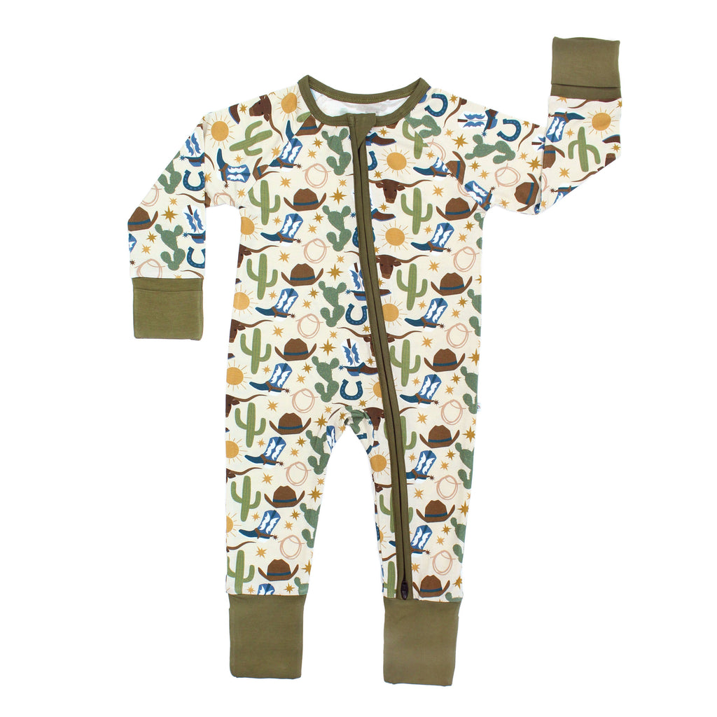Howdy Western Bamboo Convertible Baby Pajamas: Beige/Multi / 12-18M