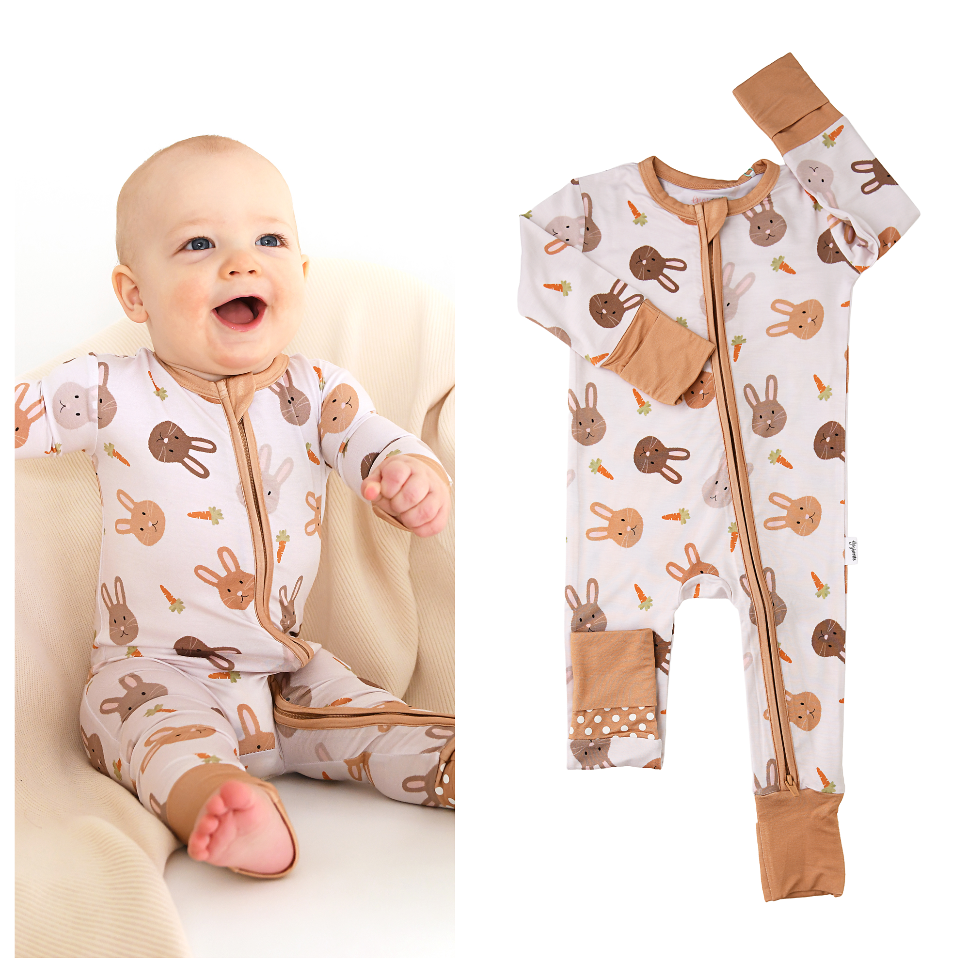 Noah ZIP Easter Bunny Bamboo 1-Piece 2way Zipper Baby Outfit: 6-12m