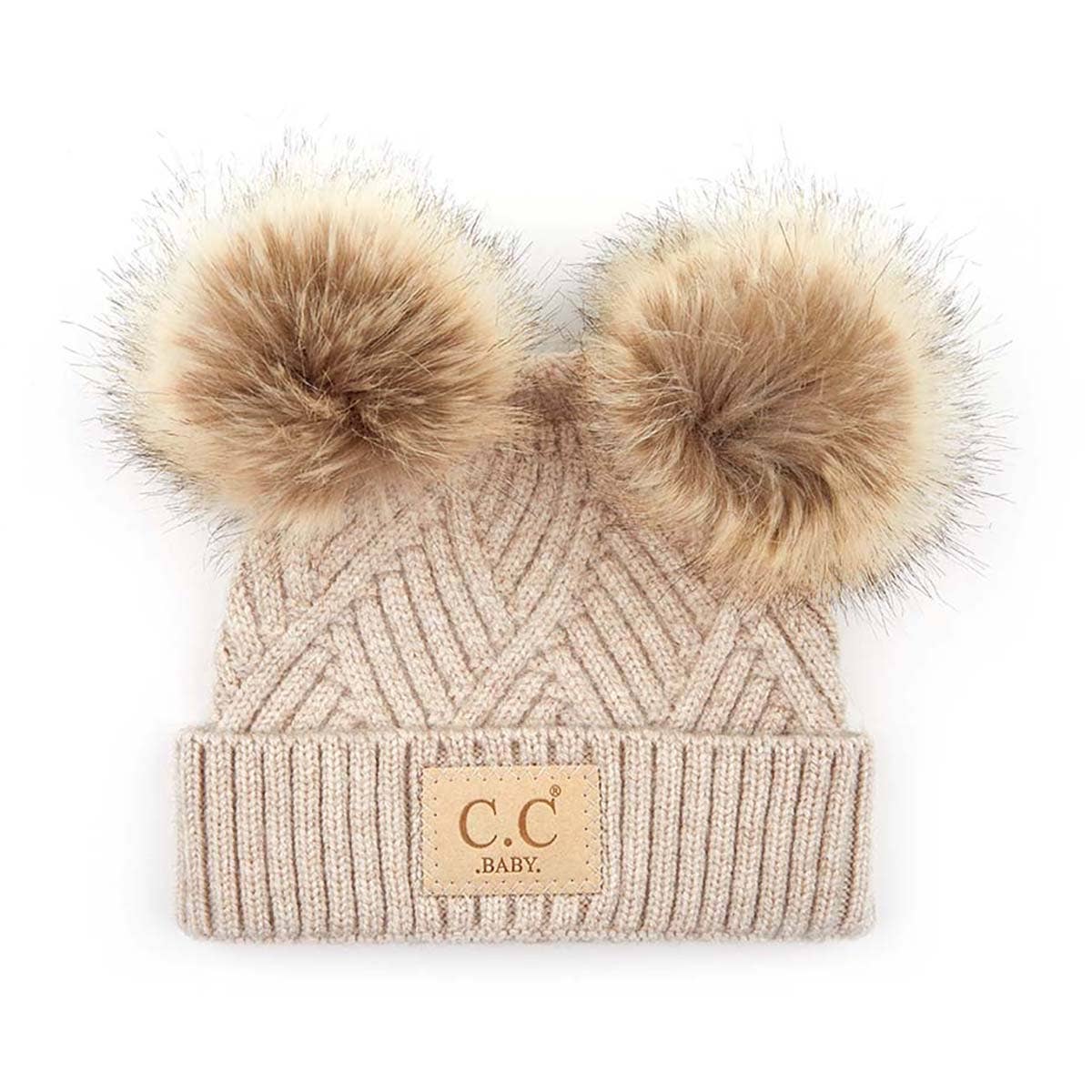 CC Baby Double Pom Criss-Cross Kids Beanie BABY-2060POMPOM: Light Grey