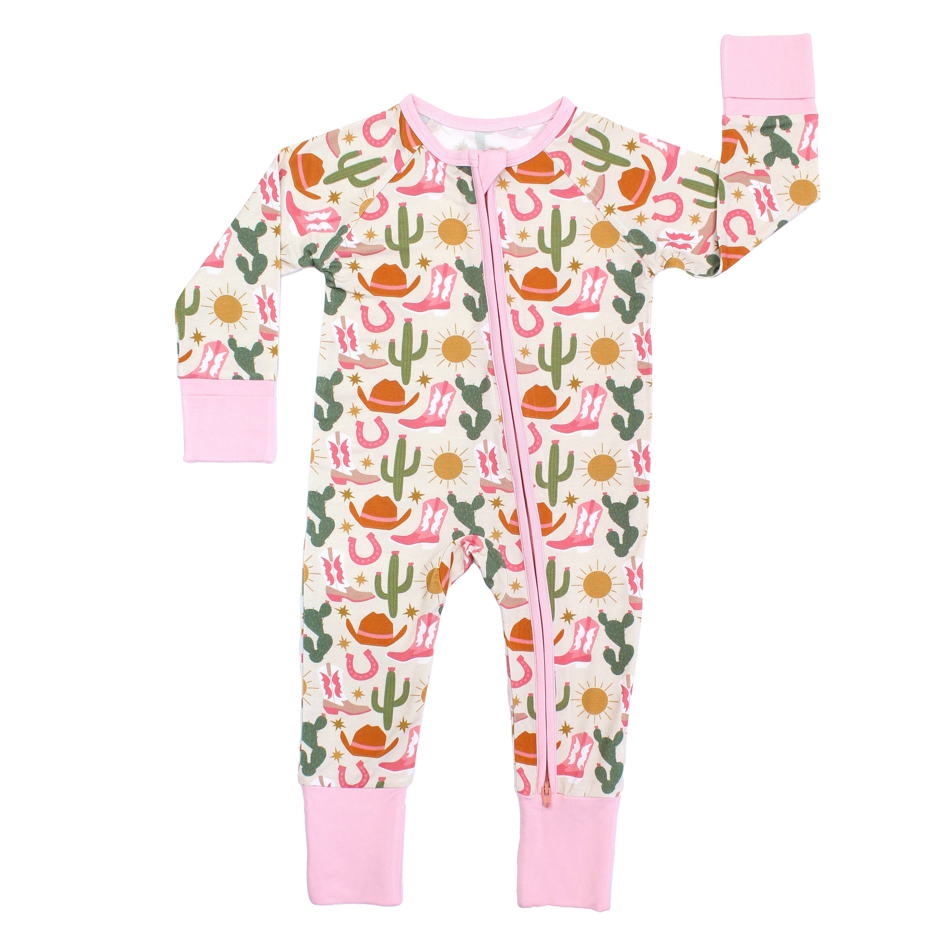 Hey Y'all Western Bamboo Convertible Baby Pajamas: Pink/Multi / 12-18M