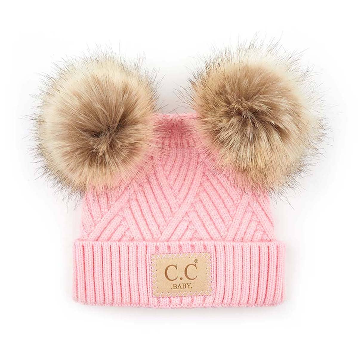 CC Baby Double Pom Criss-Cross Kids Beanie BABY-2060POMPOM: Beige