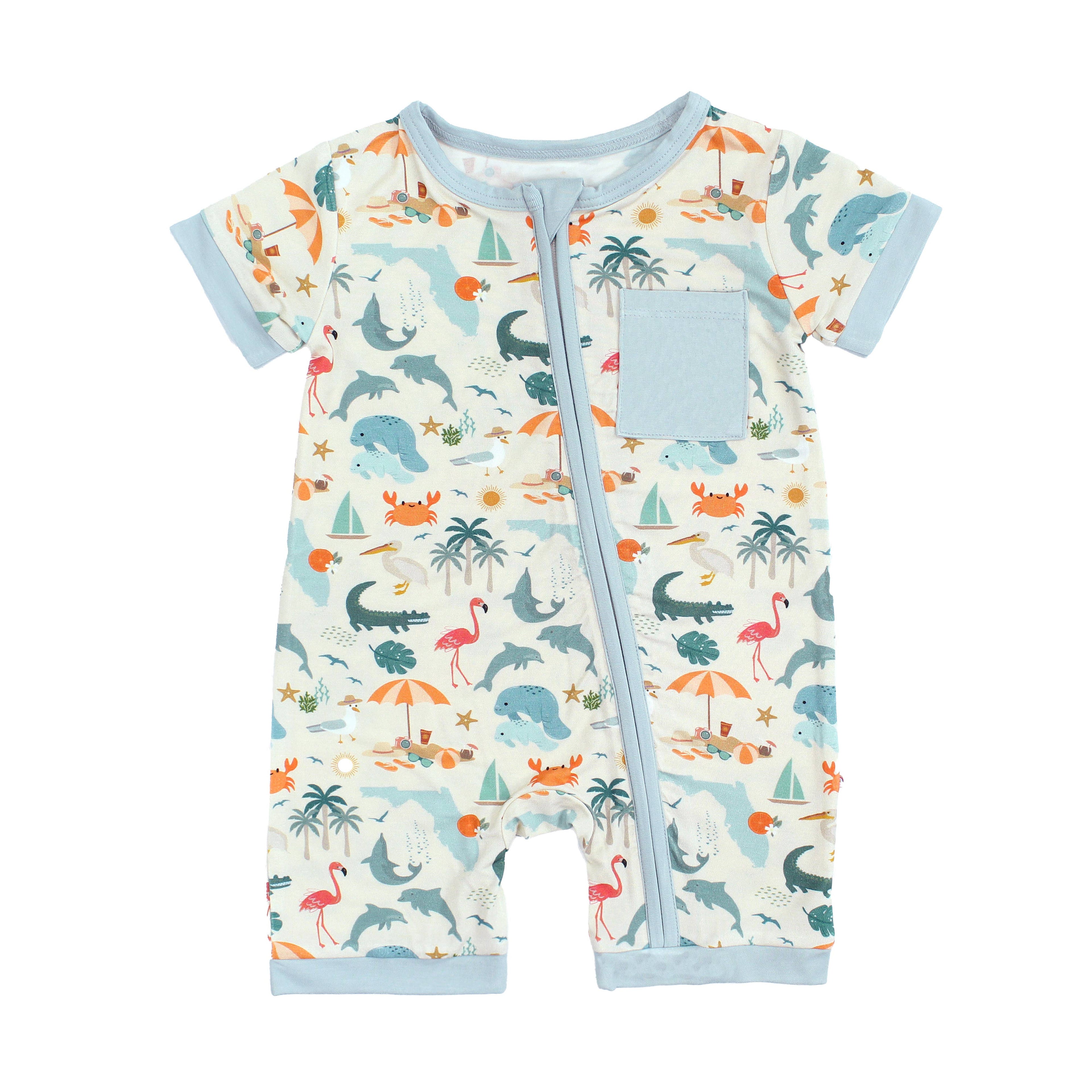 Explore Florida Souvenir Bamboo Baby Shortie Romper Jumpsuit: Beige/Multi / 6-12M