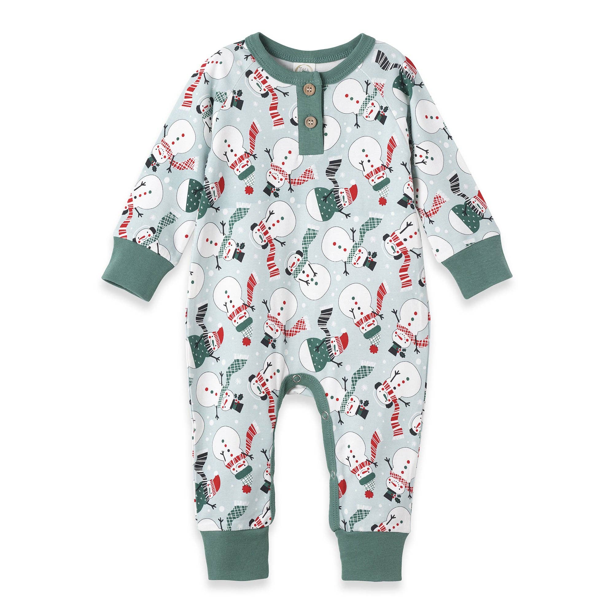 Baby Boy's Christmas Snowmen Bamboo Henley Romper: NB